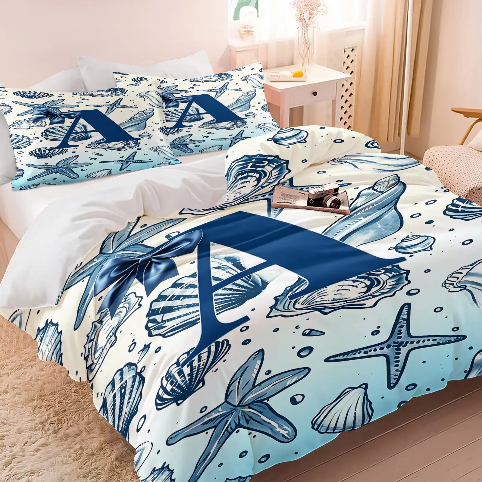 2/3Pcs Coastal Shell Starfish Print Duvet Cover Set, No Filling, Soft Microfiber Bedding Set, 1 Duvet Cover & 1/2 Pillowcases, Summer Ocean Themed for Adults Teens Vacation Room Decor Easy Care Washable