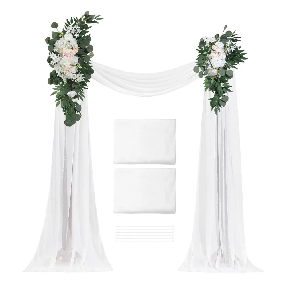 Decorative Reusable Artificial Wedding Arch Flower Kit - 4-Piece Lightweight Synthetic Set, Hand-Crafted Ornaments, Approx. 21ft White Draping Fabric, 2 Faux Flower Arrangements, 5x6.5ft Floral Swags, Blush Accents, Ceremony Backdrop, Wedding Decor