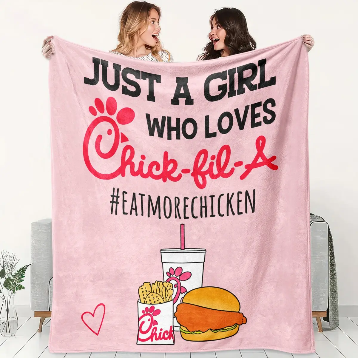 1pc Pink Background Chick-fil-A Fast Food Girl Themed Flannel Blanket, Full Print Chicken Brand Logo, Chicken Burger, Waffle Fries, Soda Drink Cup With Straw, Simple Heart, Funny English Slogans, Pink Base Texture, Warm & Fun Style. Soft Warm Cozy Nap Bla