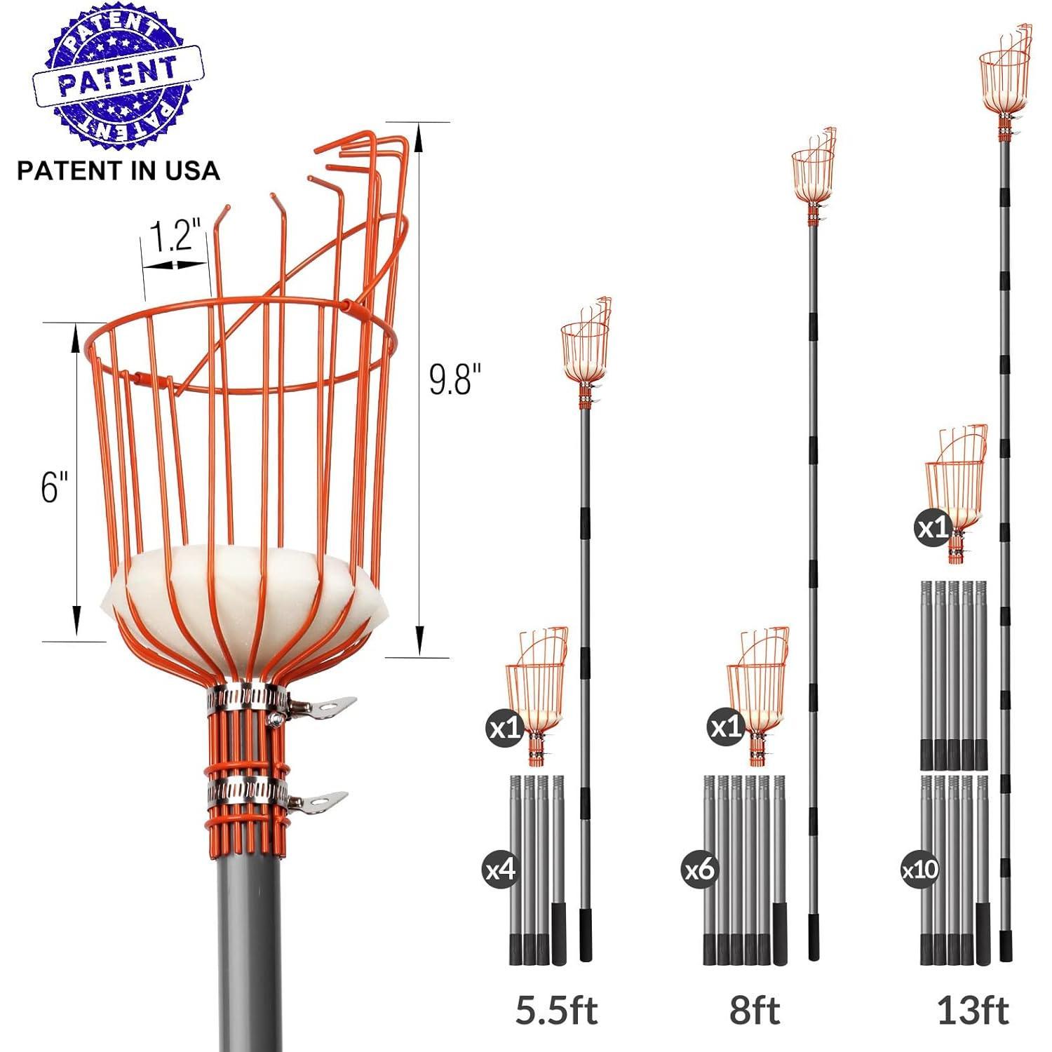 13FT Fruit Picker, Adjustable Fruits Picker Tool with Lightweight Stainless Steel Pole and Big Basket, Fruit Catcher Equipment Tree Picker for Apples Mango Pear Orange Avocados Fruit Picking