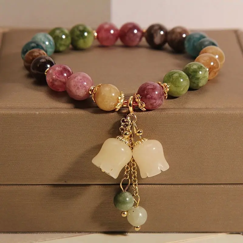 Women's Unisex Natural Colorful Mix Tourmaline Crystal Beaded Bracelet, Cute Jade Tulip Charm Pendant, Luxury Gold-Plated Tassel Bangle, Daily Wear Fashion Jewelry for Prom Anniversary Birthday Gift, Beaded Strand