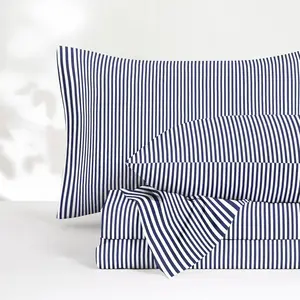 - Striped Bed Sheets, 4- Sheet Set, Tickg Vertical P Stripe Modern Farmhouse  Prted Beddg, Deep Pocket, Navy Blue White, Full Size