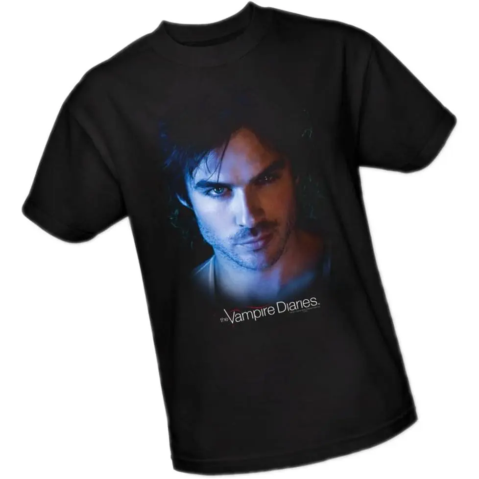 Warner Bros. Damon Close-Up - The Vampire Diaries Adult T-Shirt Black Damon Salvatore The Vampire Diaries Character Portrait T-Shirt| Retro CW Vampire Drama Fan Tee