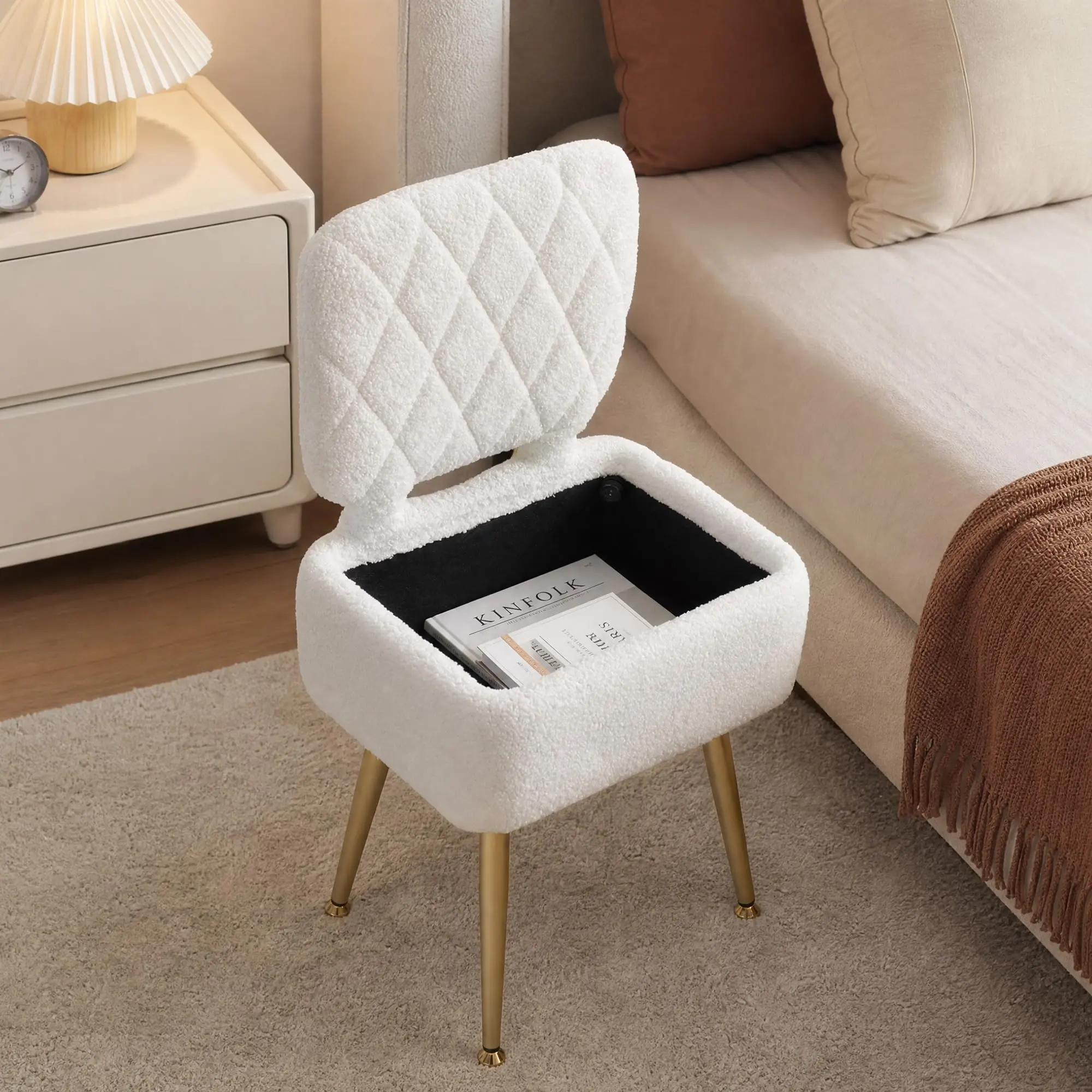 Modern Storage Ottoman Vanity Stool - Foldable Backrest, Soft Fleece Padded, Without Arms, Multifunctional Folding Ottoman Modern Footstool for Makeup Room, Bedroom