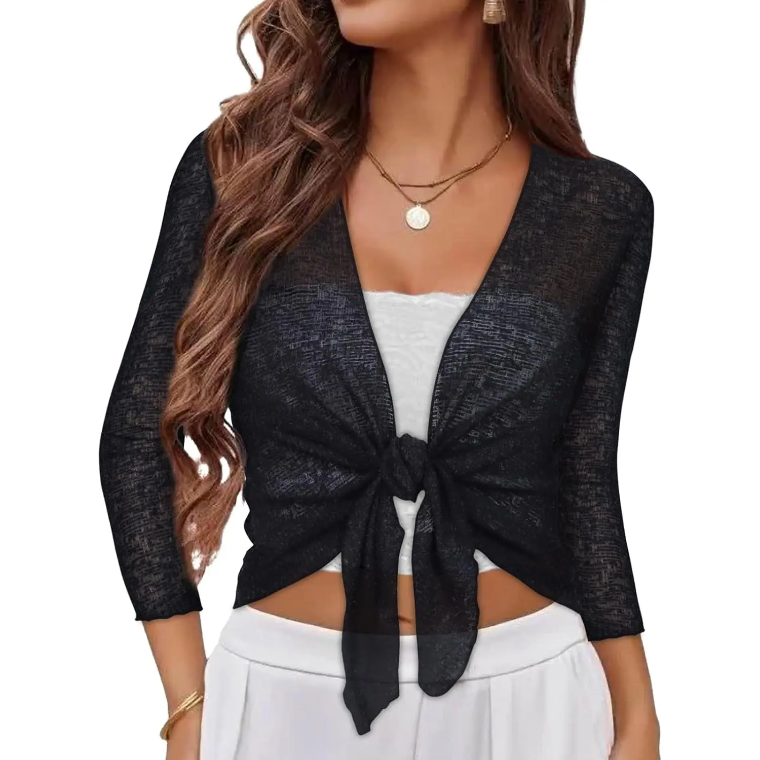 Women's Sheer Mesh Bolero Shrug, Cropped Tie Front Cardigan with 3/4 Sleeves, Chic Lightweight Cover Up for Evening Dresses or Cute Beachwear, Beach, Swimsuit, Tank Top, Slip, Shrugs, Casual, Work, All Seasons, Evening Wear Dresses, Short Length, Consult