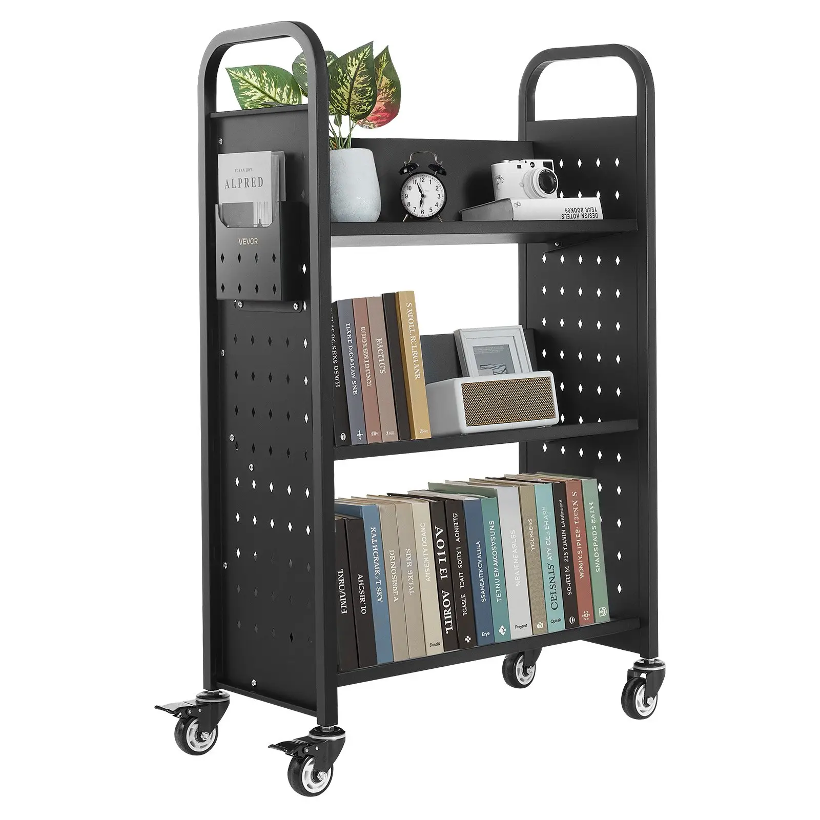 【Summerfinds】VEVOR Rolling Library Book Cart, 330 lbs Capacity, 30.3x 15x 48.0-Inch Library Cart, Single Sided V-Shaped Shelves with 3-Inch Lockable Wheels, Book Truck for Home Shelves Office and School, Black