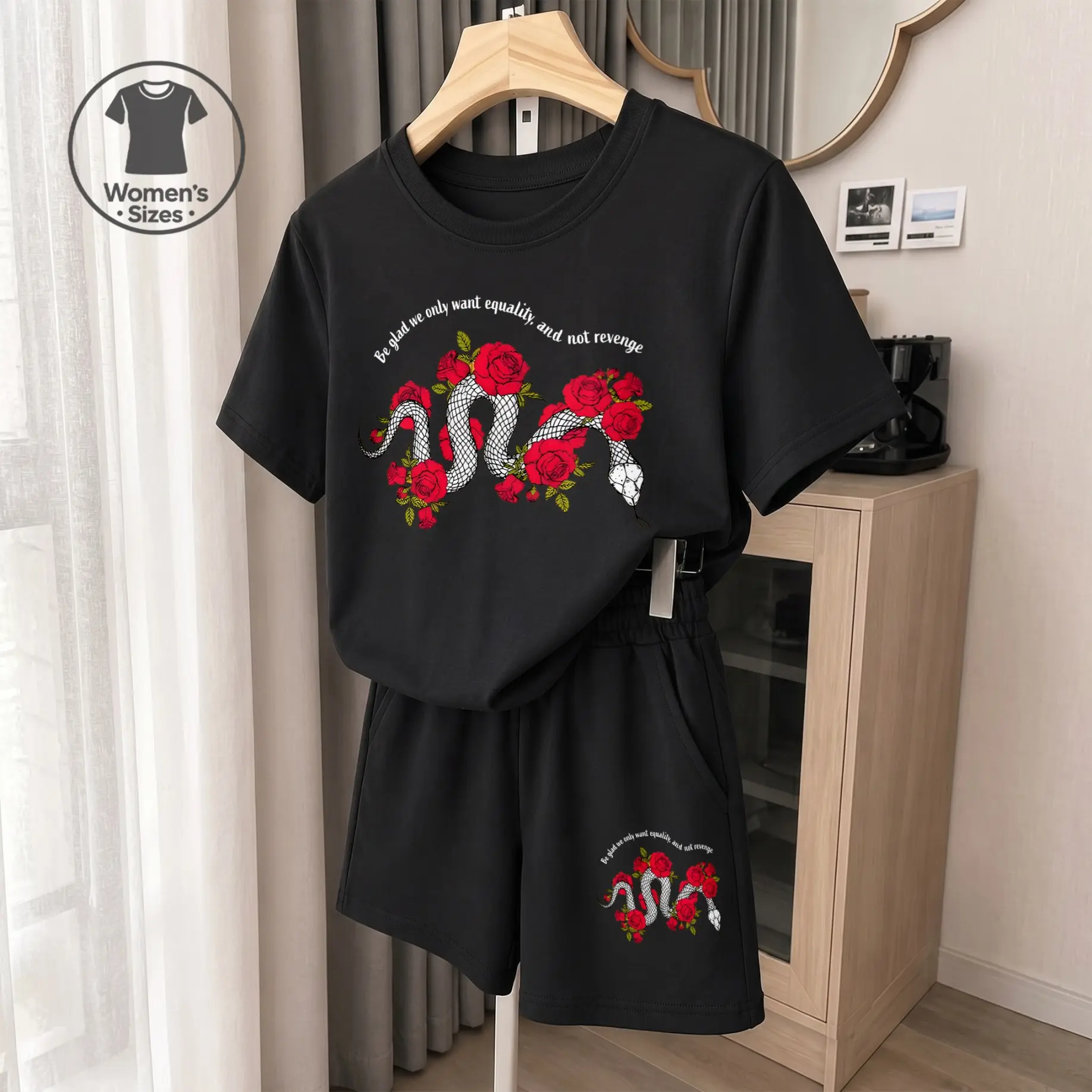 Women’s Equality Message Rose Snake T-Shirt and Shorts Set, Statement Graphic Two Piece Outfit for Daily Life, Social Events, Travel and Weekend Wear
