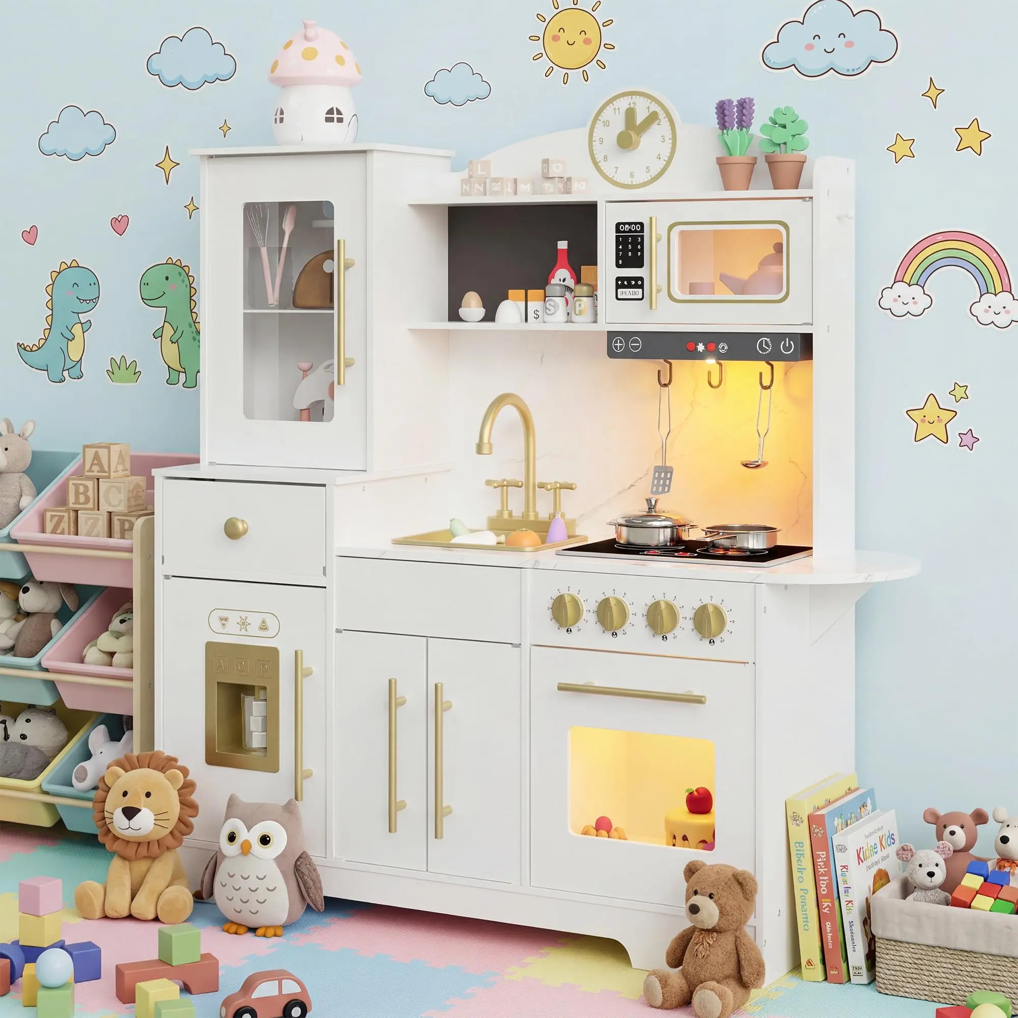 Gaomon Wooden Kids' Play Kitchen Playset - Realistic Cooking Toy with Real Lights & Sounds, Chef Pretend Play Kit for Toddlers, Toy Food & Cookware Accessories