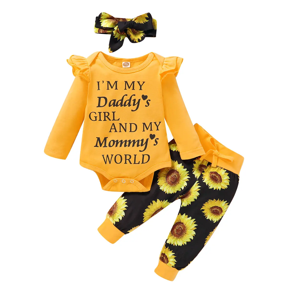 Baby Girl's Sunflower Clothing Set - 3-Piece Ruffle Letter Print Romper, Floral Pants & Headband Cotton Outfit for Newborns, Polyester, 1 X Girl’s Yellow Letter Print Romper