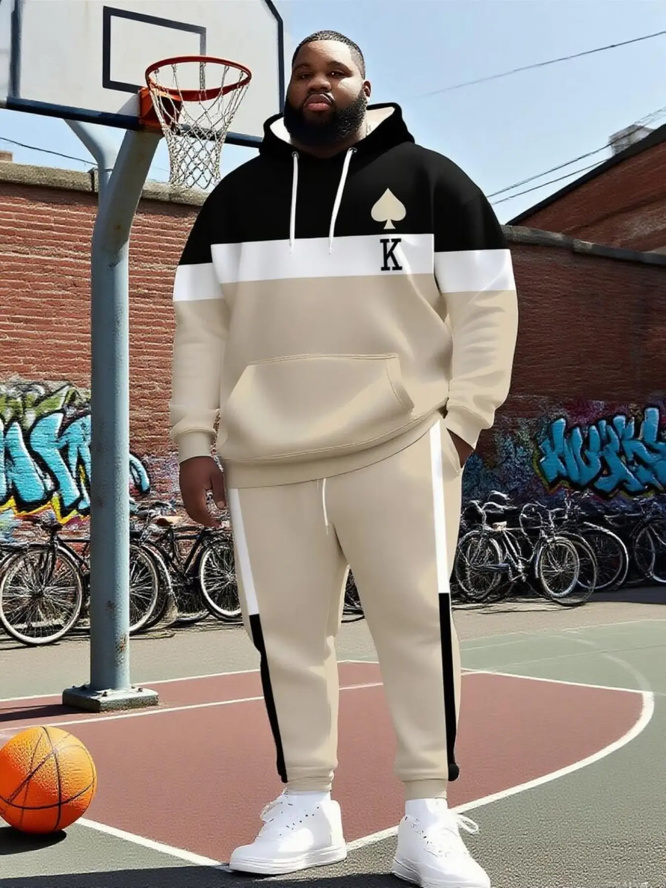 Men's 2-Piece Plus Size Contrast Ace K Embroidery Hooded Sports Set, Vertical Stripe Hoodie Jogger Pants, Streetwear