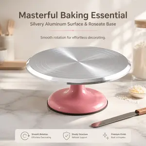 Premium Aluminum Cake Turntable With Shiny Silver Surface & Rose Pink Base, Smooth Rotating Professional Baking Decorating Stand For Home & Commercial Cake Frosting