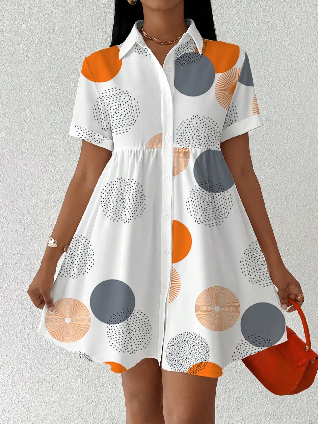 【Plus Size】 All Over Print Shirt Dress, Casual Short Sleeve Collared Dress for Summer, Women's Clothes for Daily Wear