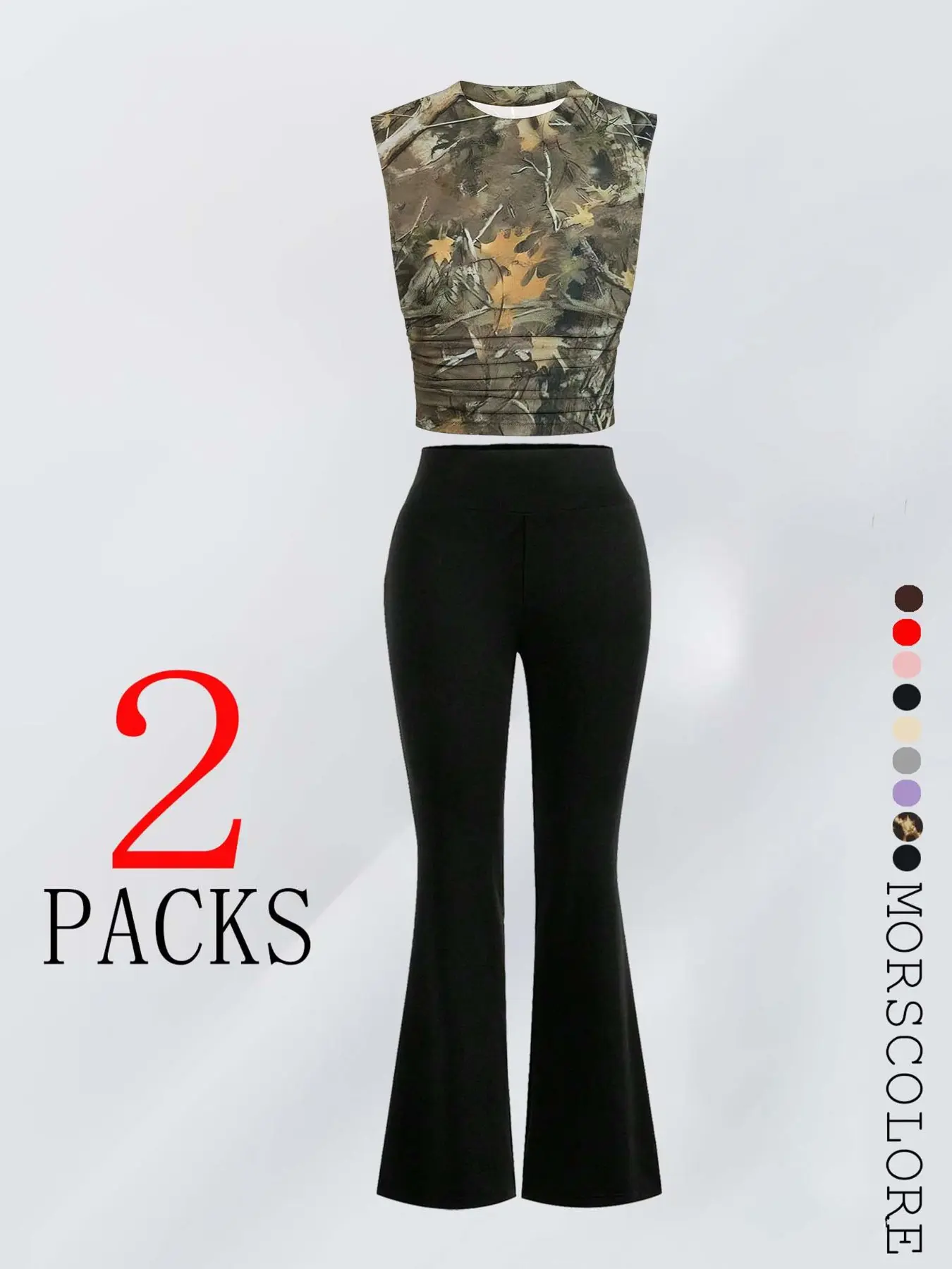 Women's Jungle Camo Two-Piece Set, Sleeveless Short Top with Vintage Print, High-Waisted Flare Pants, Y2K Style, Summer