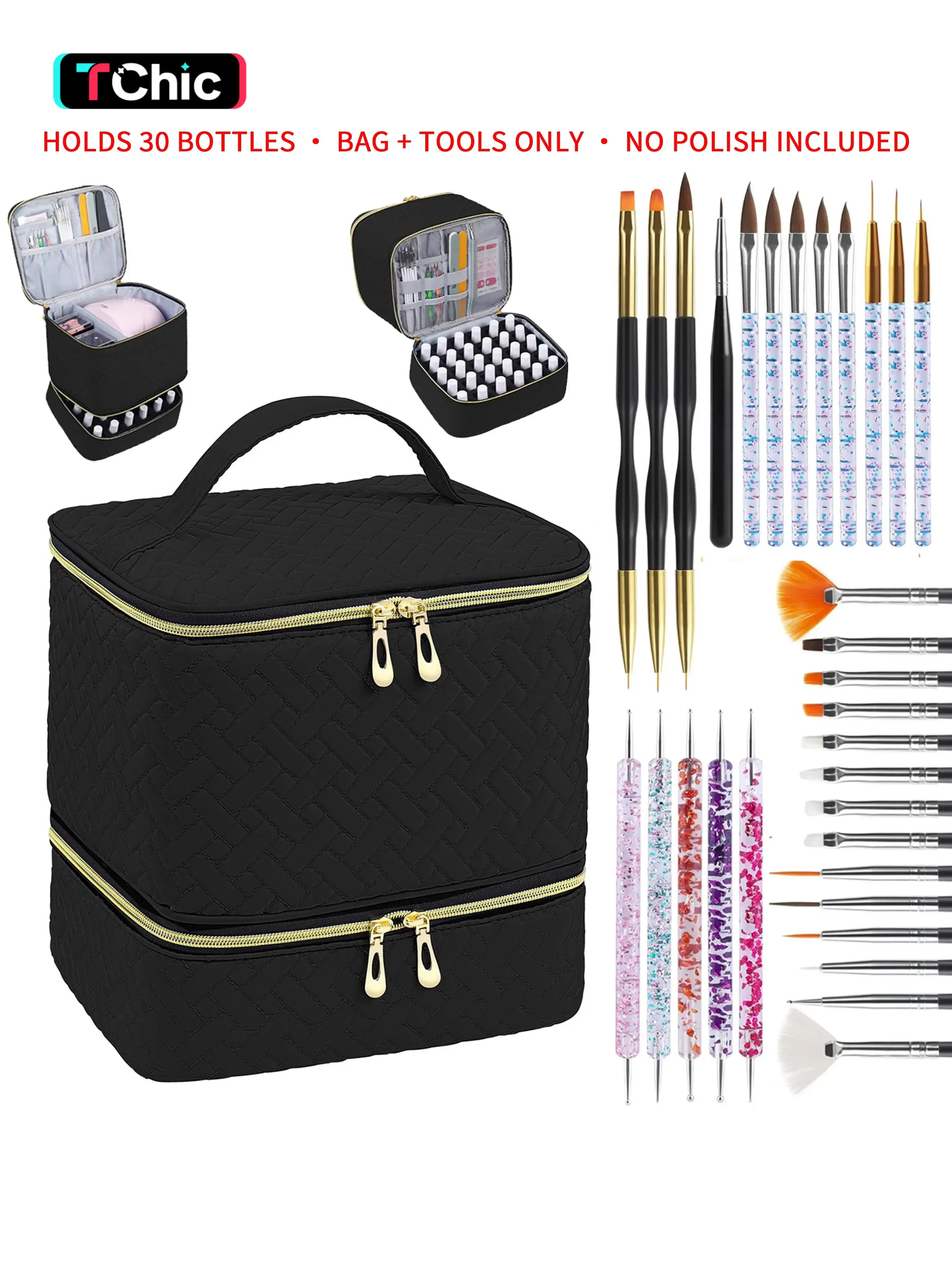 32-Piece Nail Polish Storage Case & Manicure Tool Set, Nail Care, Includes dotting tools, dust brushes, long-tip brushes, and gel nail art pens Holds 30 bottles of nail polish and a UV lamp Dual-layer portable travel kit Nail Art Kits