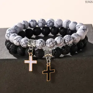 Unisex 2-Pack Matching Cross Charm Beaded Bracelet Set for Couples, Matching Pairs Stackable Wrist Accessory, Comfort Stretch Fit Daily Wear, Thoughtful Gift for Anniversary Church Occasions