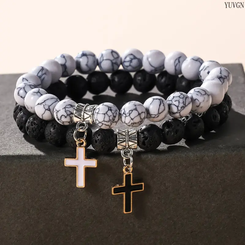 Unisex 2-Pack Matching Cross Charm Beaded Bracelet Set for Couples, Matching Pairs Stackable Wrist Accessory, Comfort Stretch Fit Daily Wear, Thoughtful Gift for Anniversary Church Occasions