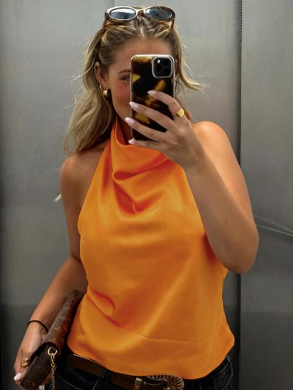 Sexy Satin Halter Top Women Corset Tanks & Camis Backless Crop Top Woman y2k Sleeveless Tank Tops Ladies Fashion Black White Orange Pink Yellow Brown Top Casual Vacation Top