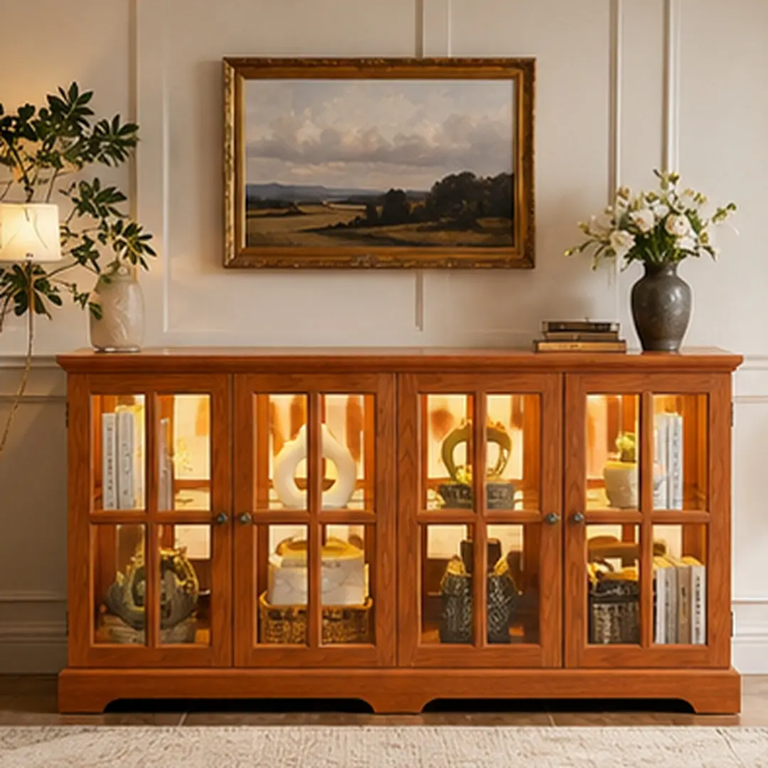 ARCH LED Curio Display Cabinet Antique Glass Door Showcase with Adjustable Shelves for Collectibles, Four Door Vintage Cabinet Dark Oak MDF Acrylic for Home Office Living Room, Remote Control Lights, Dark Oak Color Options, MDF+Acrylic Material