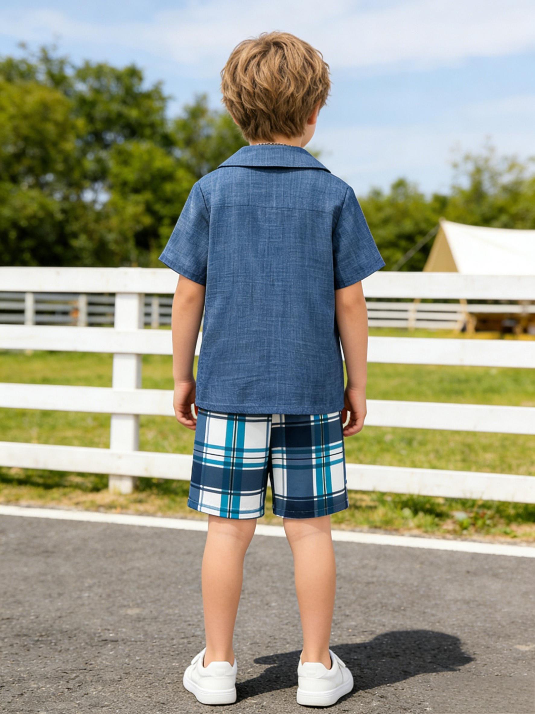 Randomly 1 Set, 2pcs, Boys' Shirt And Shorts Set, Featuring A Checkered And Striped Pattern with Printed Stitching, Fashionable And Trendy, Versatile, 3-12Y Teen Boy Clothing, Casual Wear, Outdoor Sports, Easter Giftr, Polyester, Perfect for Outdoor