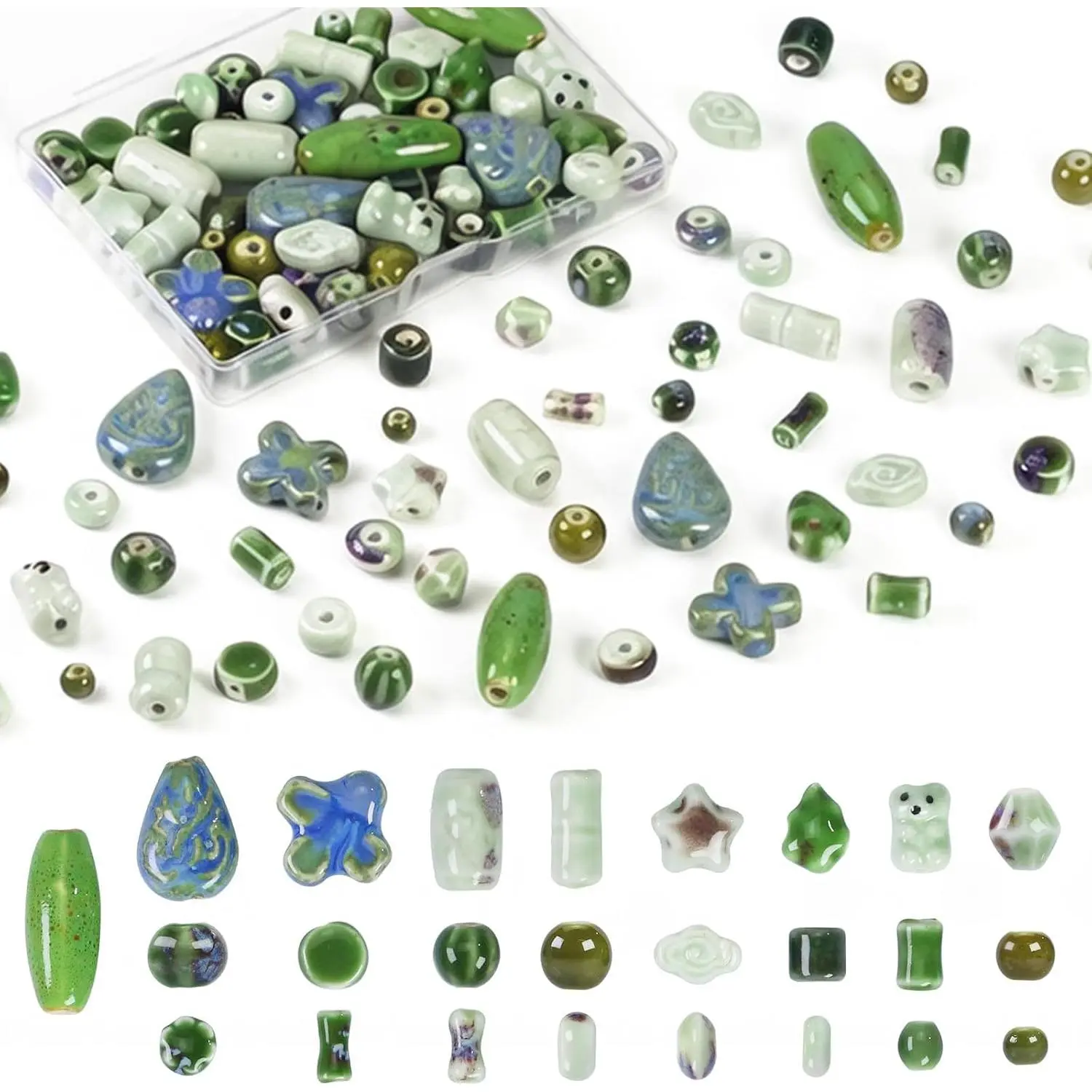 Ceramic Beads for  Making,  Porcelain Bead with Large Holes for Crafts,  Green Beads  Beads Round Beads Shaped Beads in Bulk  Beads for Making