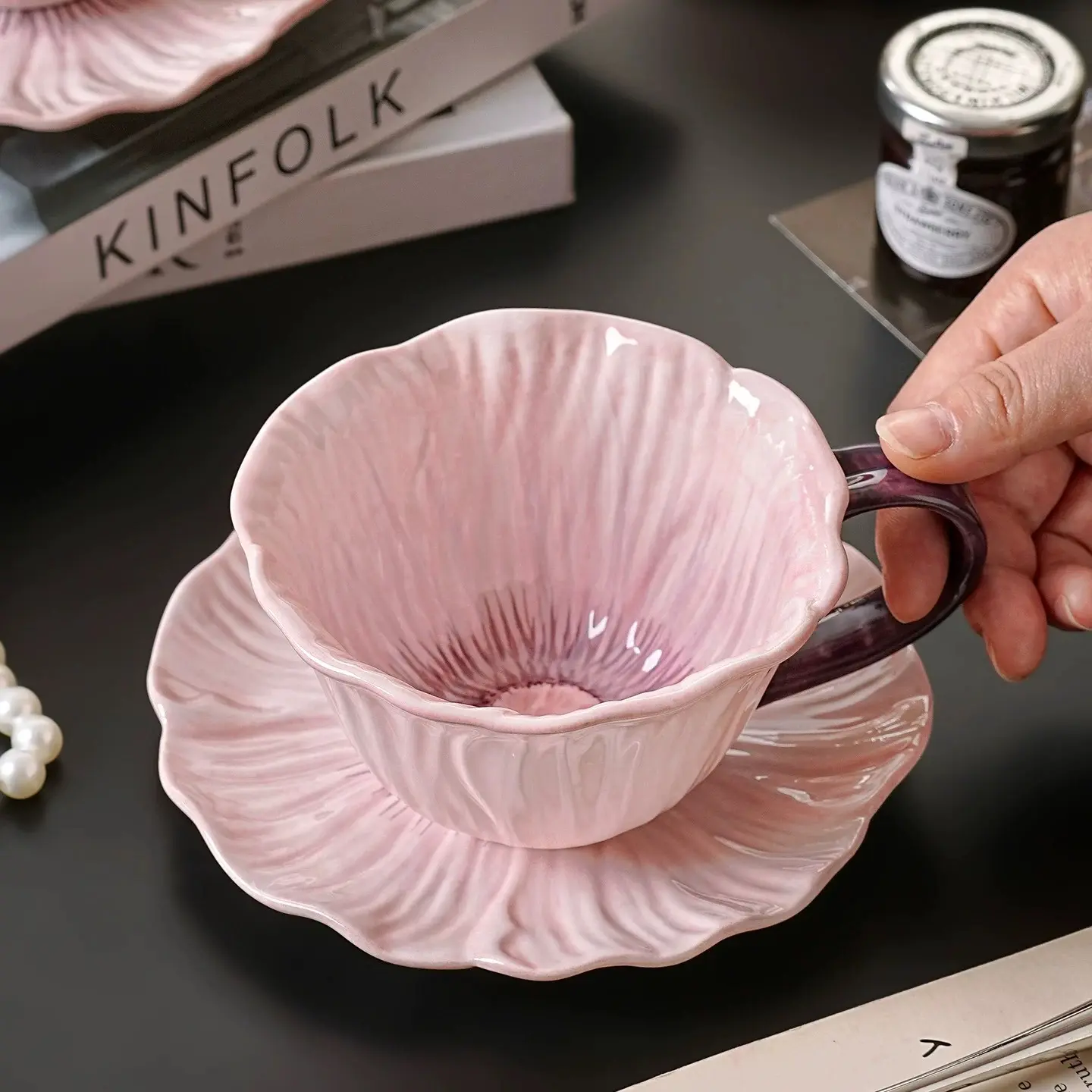 Aesthetic 🌸 Flower Shaped Ceramic Cup Set  Designer Coffee Mug ☕  🥐 🍰 Coffee Cup with Saucer Gift for Coffee Lover #CoffeeGiftSet  Latte Art Coffee Cup Artisan Handcrafted  Pink and Blue Floral Cup Set for Cappuccino