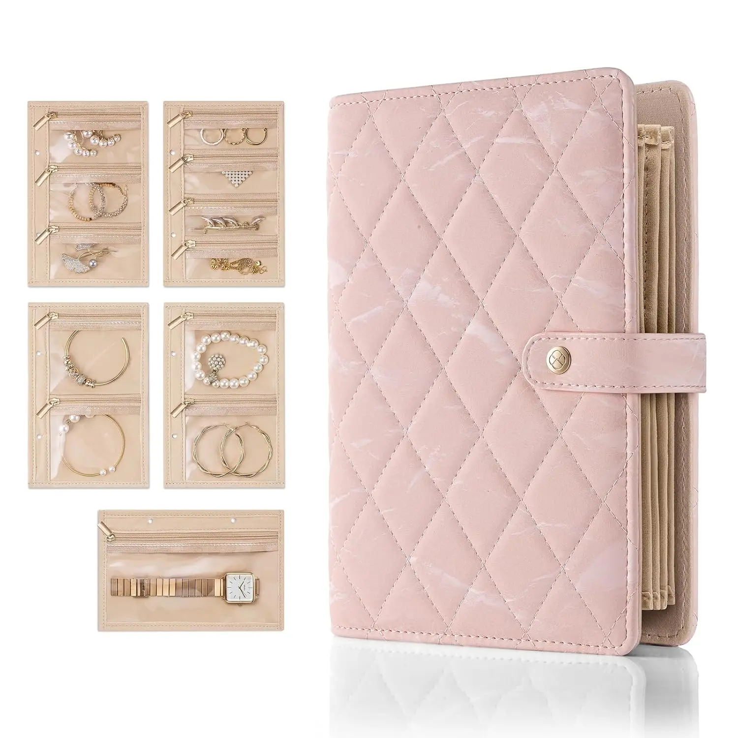 Jewelry Book Organizer - Leather Travel Jewelry Case with 5 Detachable Pages for Necklaces, Rings, Earrings, Tangle-Free, Giftable,Seashell Pink