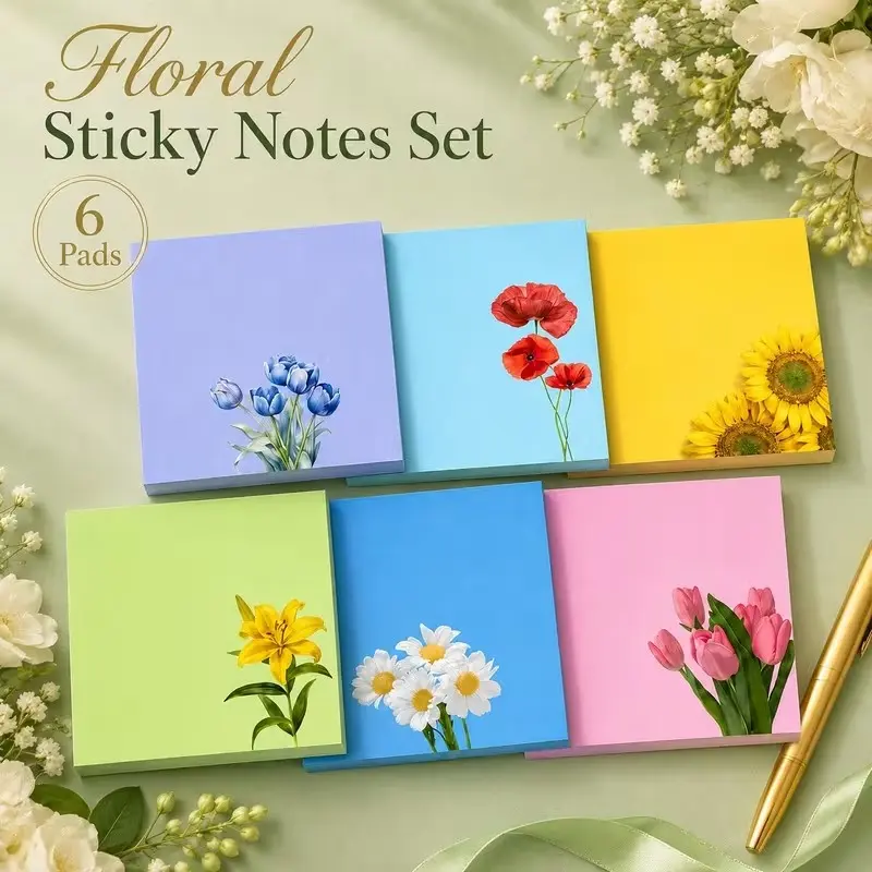6 Sheets Floral Sticky Notes Set, 7.62 X 7.62 Cm Cute Flower Patterns Self-Adhesive Notes, Colorful Decorative Notebook, Office School Supplies