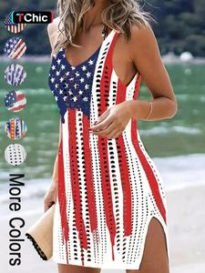 Women's American Flag Pattern Hollow Out Split Thigh 4th Of July Tank Dress, Casual Lady Star & Striped Print Scoop Neck Sleeveless A Line Dress for Summer, Back To School Party Outfits, Fashion Women's Dress for Casual Wear, Womenswear