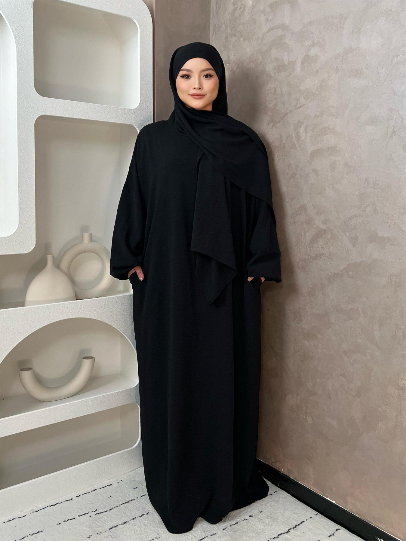 Women's Solid Pocket Bishop Sleeve Hooded Abaya, Islamic Abaya, Modest Casual Long Sleeve Abaya for Spring & Fall, Summer Outfits 2024, Muslim Clothing for Women