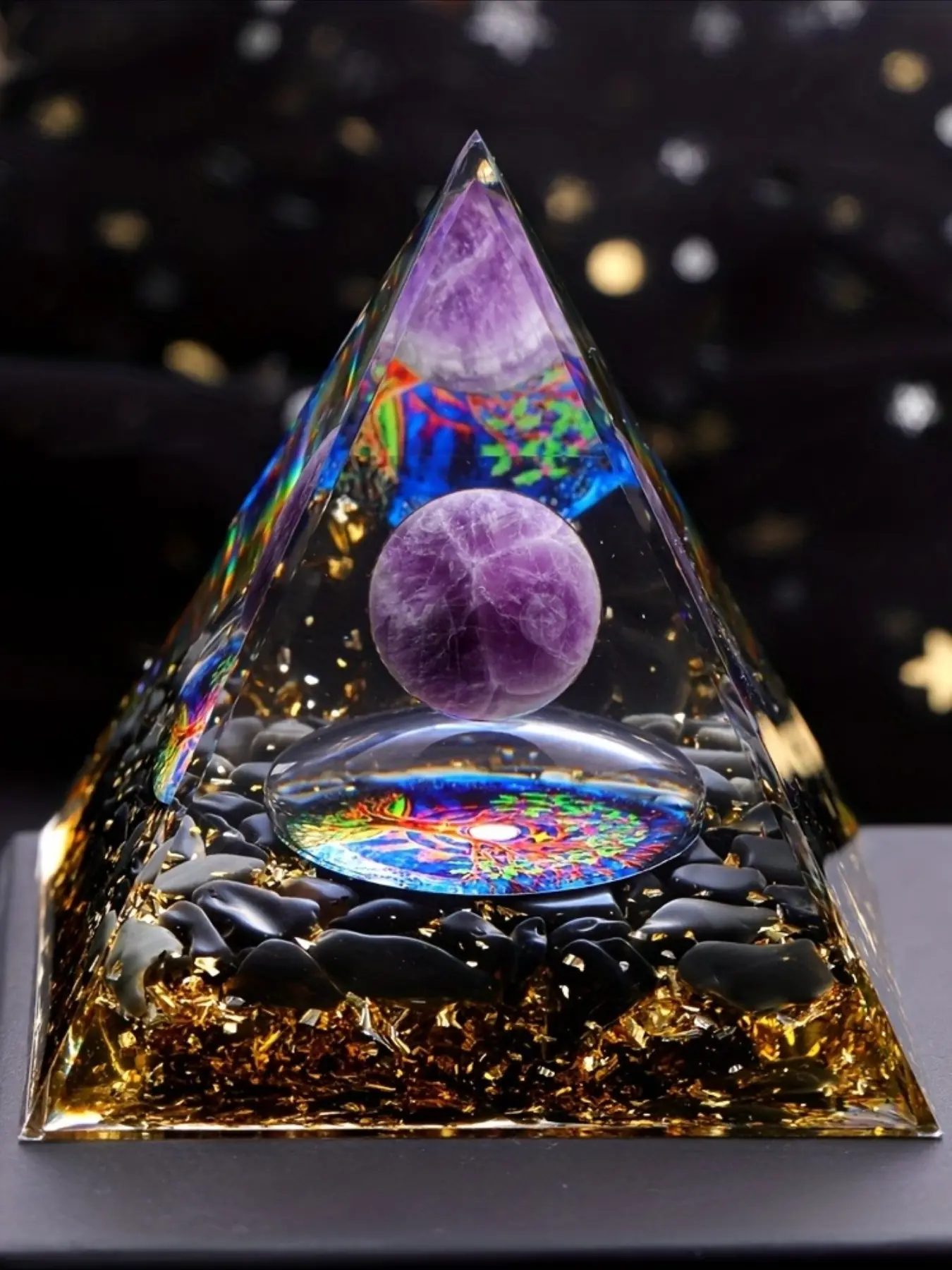 1 Piece Lilac Pyramid with Inner Sphere - Natural Stone Ornament for Stress Relief, Meditation and Divination | Ideal Gift for Home or Office