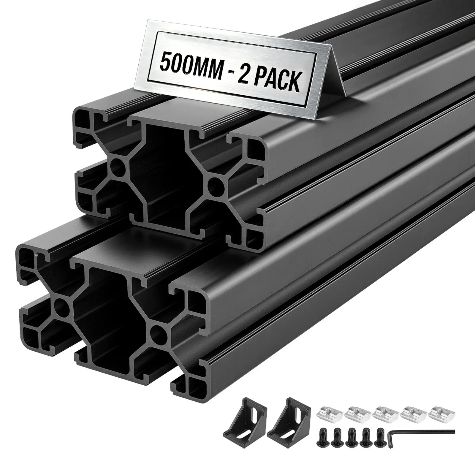VEVOR 2PCS 4080 Aluminum Alloy Extrusion Profile, 19.69in/500mm High-Precision Cut, T-Slot European Standard Anodized Linear Rail, High-Strength for 3D Printer Parts, CNC Frames, DIY Enthusiasts' Workbenches, Black