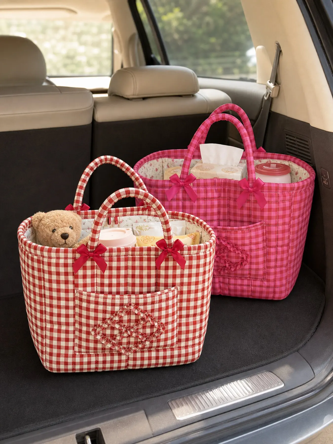 Large Gingham Storage Basket, Car Travel Organizer, Quilted Handle, Bow Ribbon, Washable Thick Fabric, Multi-Functional Indoor Bin