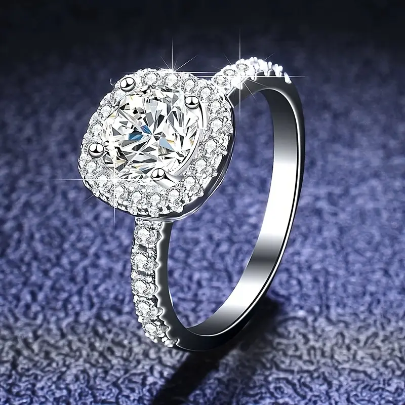 S925 Sterling Silver Cushion Halo Moissanite Ring 4-Prong Round Cut Sparkling Engagement Wedding Ring for Women Anniversary Gift
