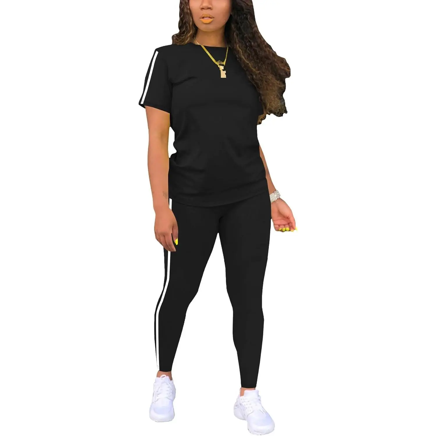 Women's 2 Piece Outfits Sweatsuit Summer Workout Striped Short Sleeve Long Sweatpants Casual Jogging Lounge Set