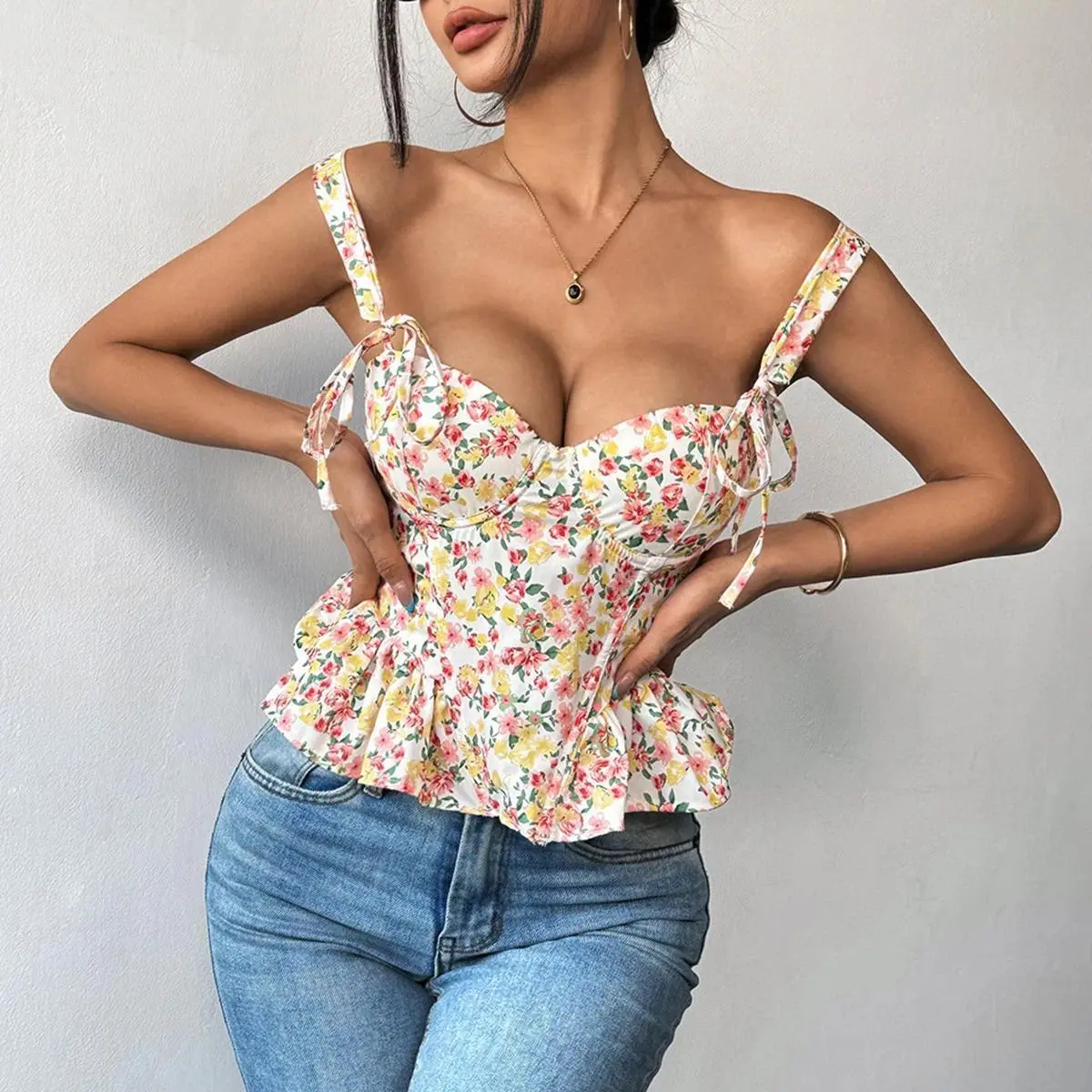 Multi Colors Floral Printing Corset Tops for Ladies Spring and Summer Lace-up Adjustable Fish Bone Bra Waist Ruffle Edge Vests