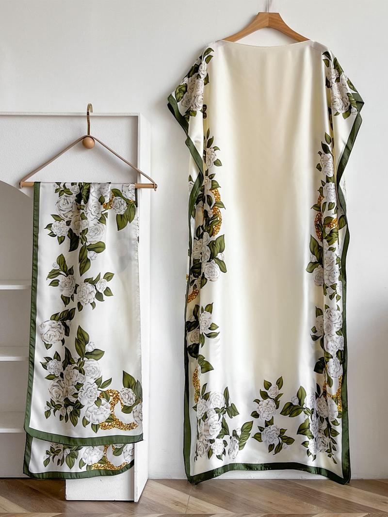 Women's Floral Print Long Dress & Scarf Set, Boho Casual Shawl Dress & Scarf Set for Beach Vacation Holiday, Ladies Clothes for All Seasons