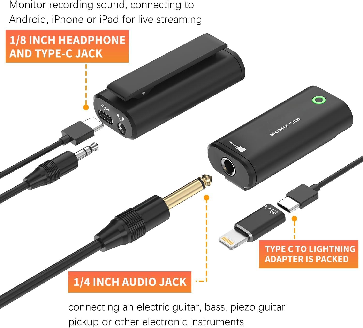 Guitar Audio Interface Pocket Internal Recording Sound Card with Type-C & Lightning for Live Streaming by iPad, iPhone, Android, PC Plug and Laptop Plug & Play