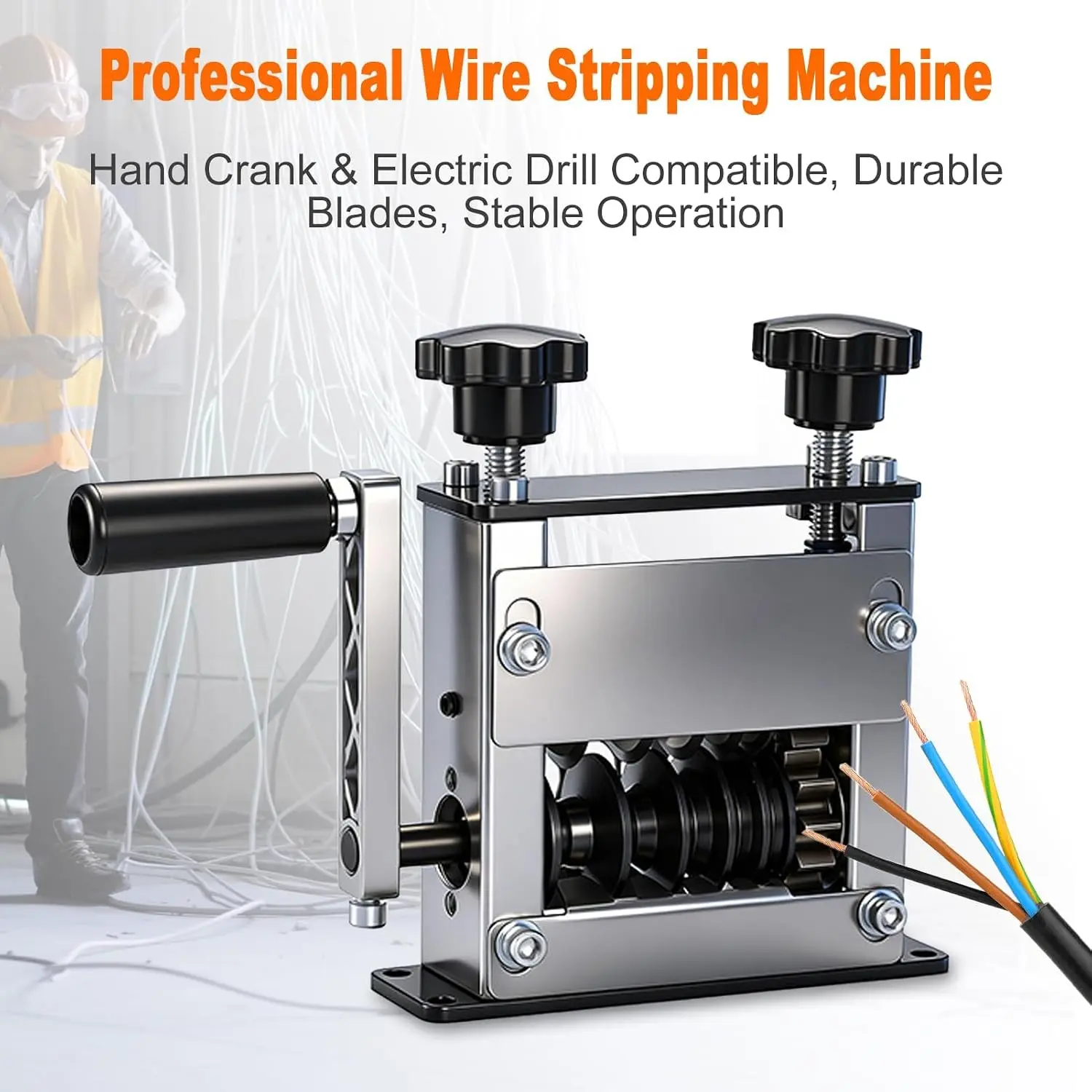 Professional Wire Stripping Machine, Hand Crank & Electric Drill Driven Copper Wire Stripper, Multi-Hole Scrap Cable Peeler Tool (3mm-17mm) for Electricians & Metal Recycling