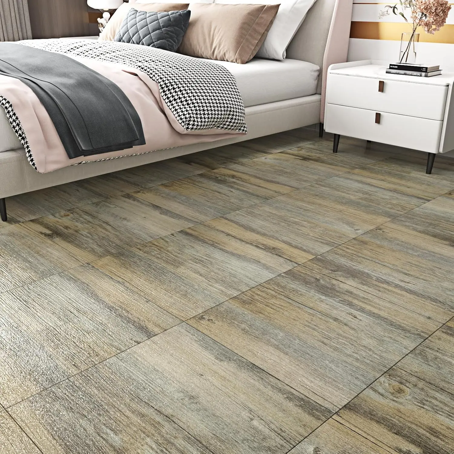 Grey/Brown  Peel and Stick Vinyl Plank Flooring for Kitchen Faux  Grain Floor Tiles Stickers  12" x 12" Self Adhesive Wooden Flooring Tiles for Bedroom Living Room 5 count