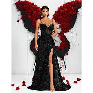 A High-Waisted Long Dress with Sequins, Beading, a V-Neck, Hollow Design, And Open Back, Perfect for Parties And Evening Events