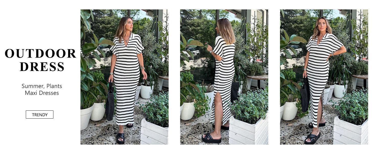 Imily Bela Womens Striped Summer Dresses Short Sleeve V Neck Knit Collared Sexy Slit Loose Maxi Sweater Dress SpringStatements