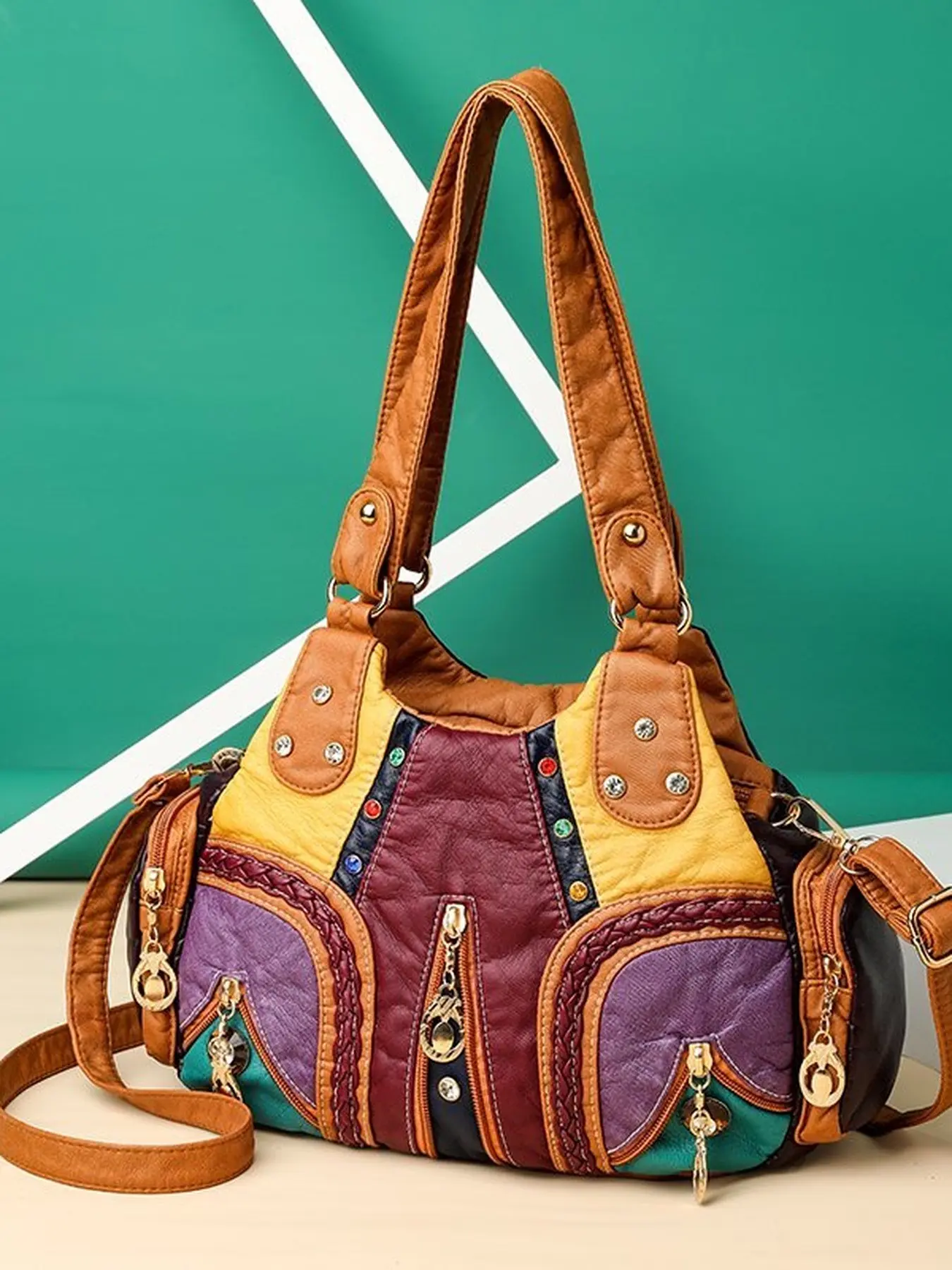 New Bohemian Ethnic Style Color Block Patchwork Tote Bag Retro Rivet Decoration Women Shoulder Bag Casual Single Shoulder Crossbody Handbag