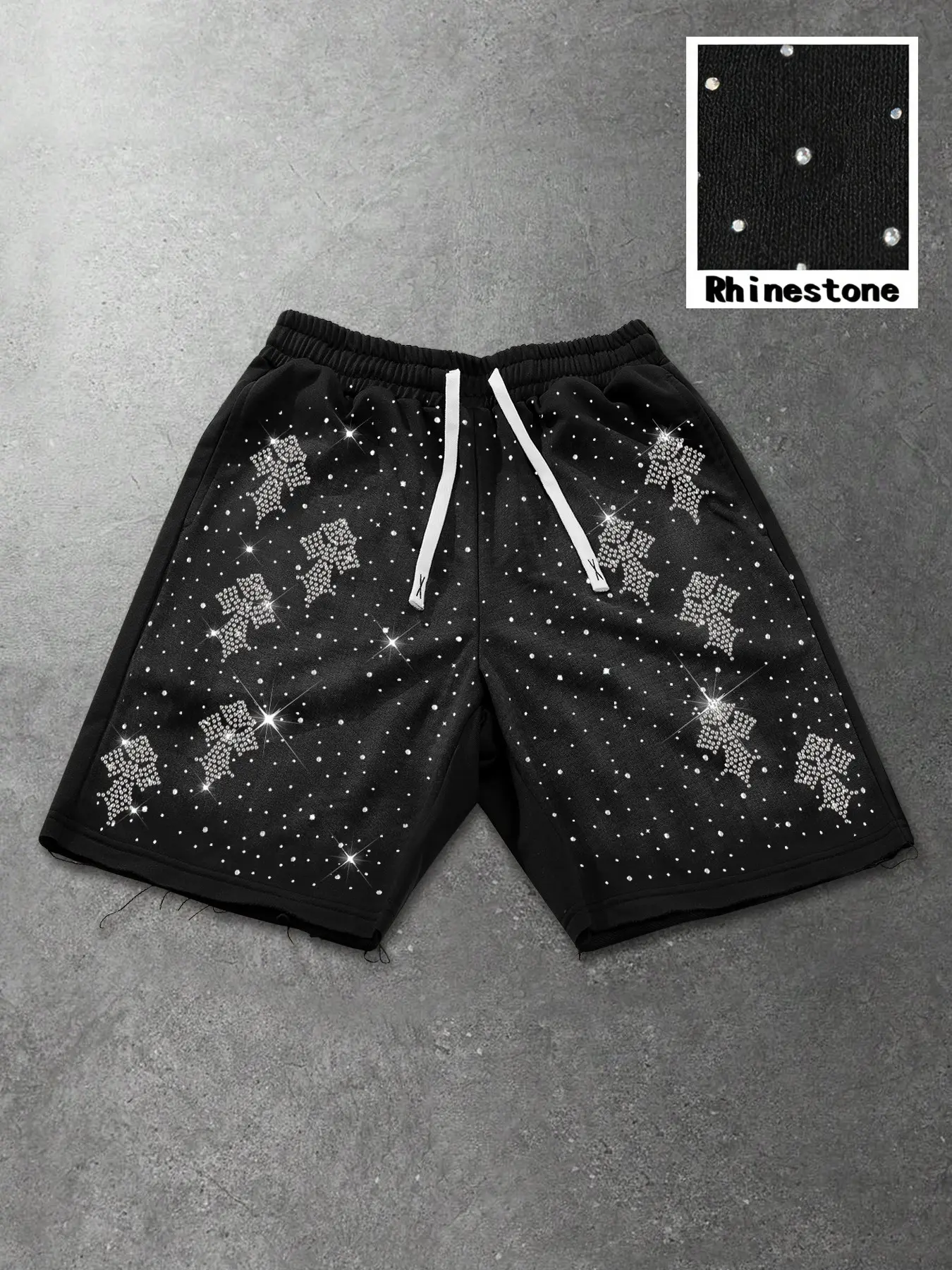 Men's Drawstring Waist Shorts, Rhinestone Cross Pattern, Loose-Fit Street Style, Casual Workout Pants, Punk Hip-Hop Fashion