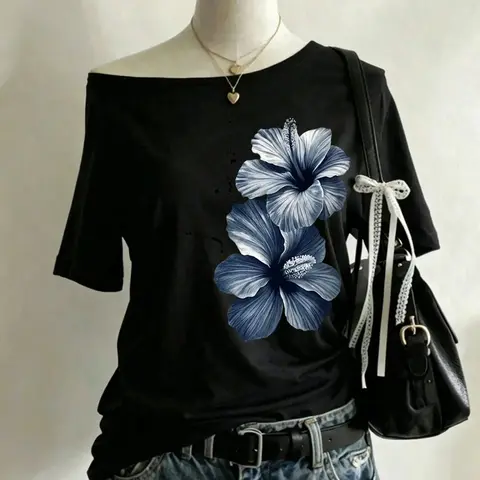 Women's One-Shoulder Floral Print Cutout Casual Fit Hollow Off-Shoulder T-Shirt, Loose Short Sleeve Top, Casual Chic Y2K Street Style, Summer Daily Wear, Fashionable Streetwear