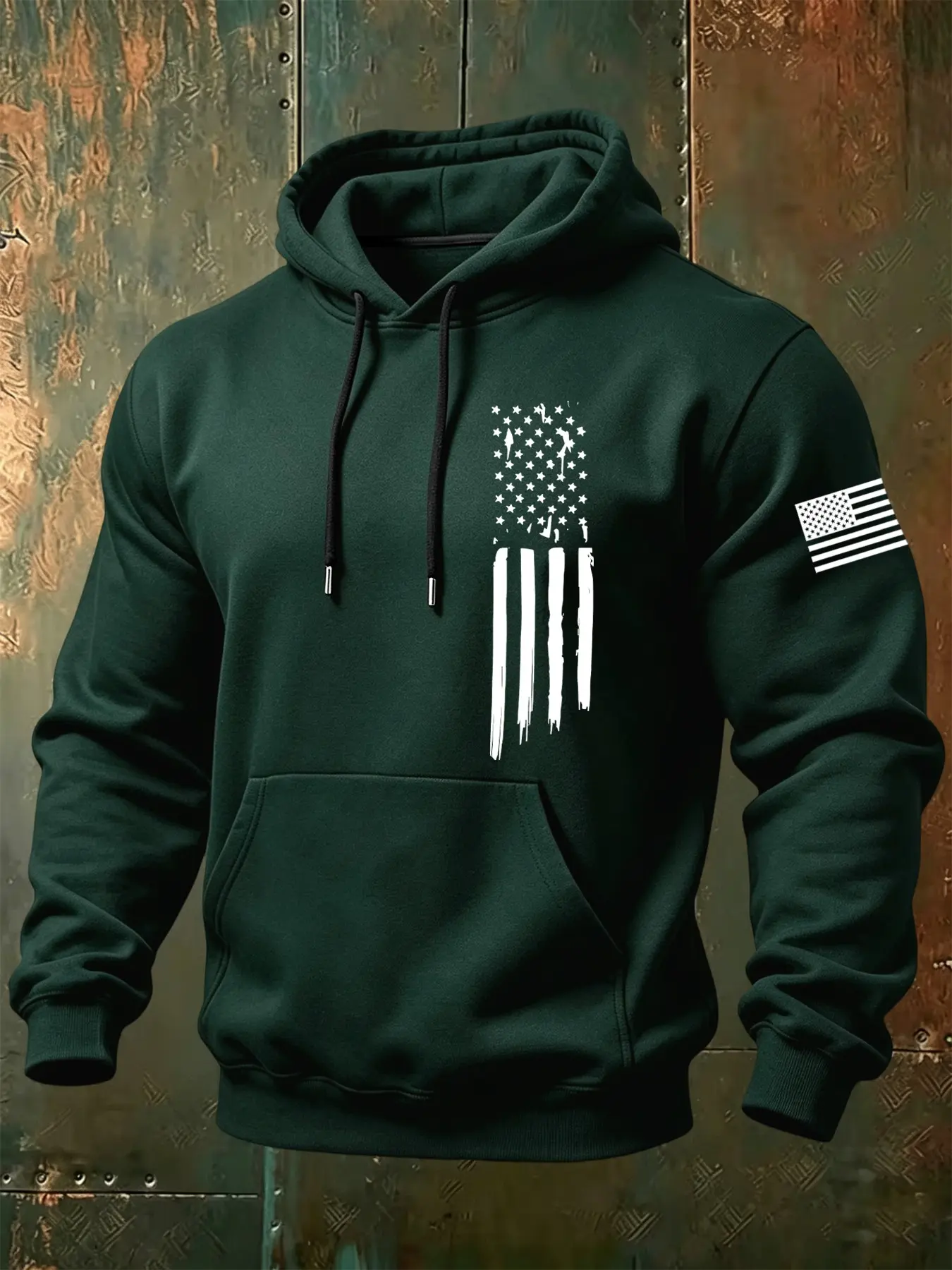 Men's Fall Winter Hooded Drawstring Sweatshirt, Vintage Brush Flag Print, American Patriotic Retro Style, Casual Daily Wear, Casual Graphic Hoodie