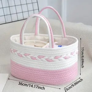 Large Foldable Rope Storage Basket with Handles, Boho Woven Organizer Bin with Removable Lining, Striped Shelf Basket for Nursery, Bathroom, Bedroom & Home Storage