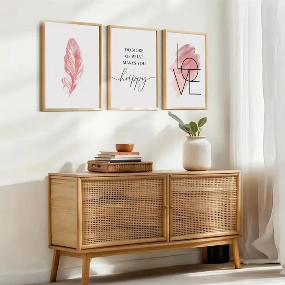 3 Pieces Minimalist Words Feather Love Art, Do More of What Makes You Happy Quotes, Fresh Life Home Art, Contemporary Gallery Decor, Warm Tone Painting, Wall Decor for Restaurant and Foyer, Framed or Unframed.