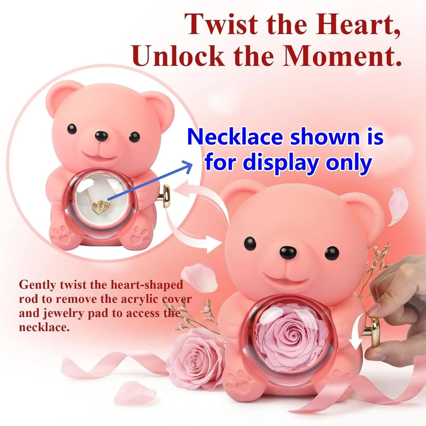 1PC Adorable Pink Teddy Bear With Real Preserved Rose Jewelry Box, Romantic Eternal Rose Bear Keepsake Gift For Women Mom Girlfriend, Perfect Mother’s Day Anniversary Birthday Valentine’s Day Easter Romantic Occasion Surprise Present