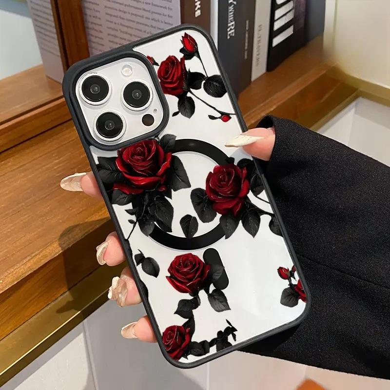 Elegant Red Roses Pattern Magnetic Phone Case Shockproof Non Slip Protection TPU Transparent Acrylic Cover Cellphone Protective   Supports Wireless Charging Smartphone for iPhone 17 15 16 14 Pro Max 13 12 Air Plus