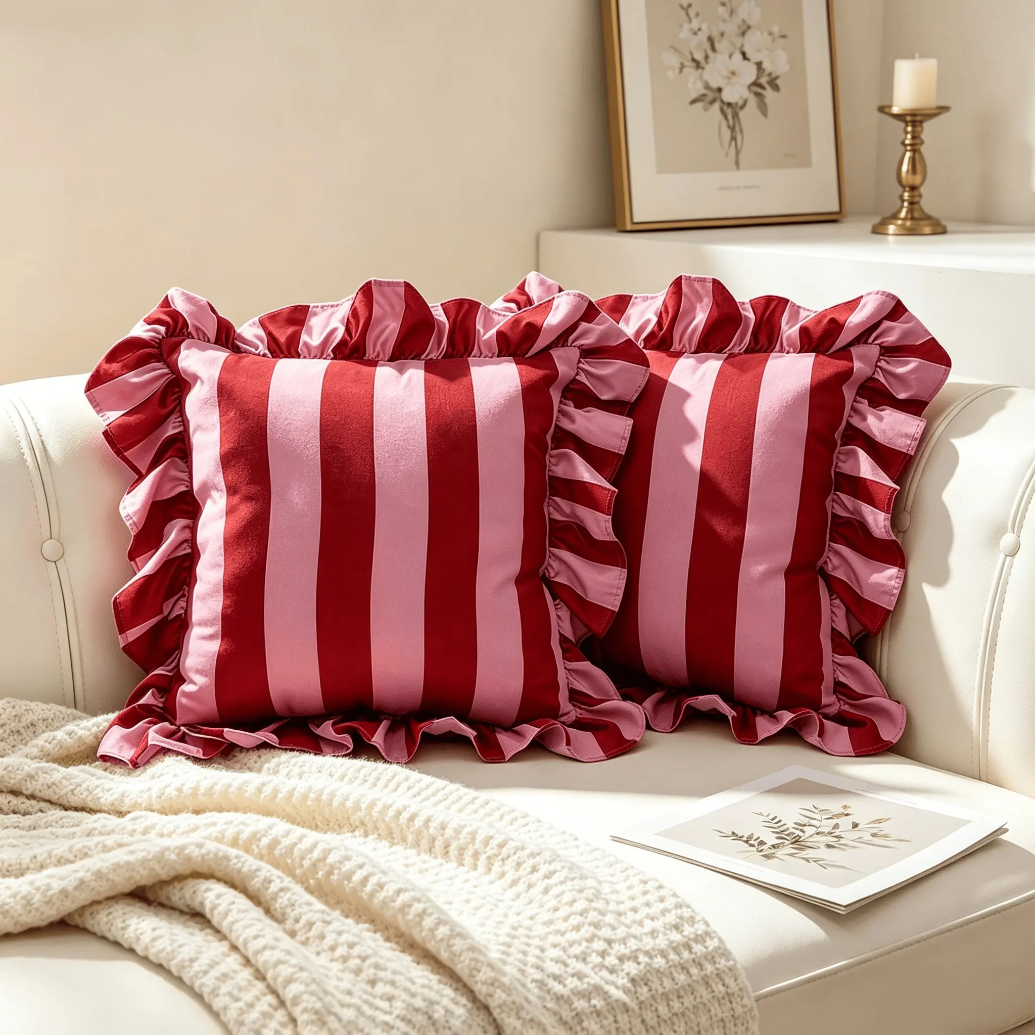 2 Pack 45x45cm French Vintage Pink Striped Throw Pillows, Ruffled Edge Decorative Cushions, Decor Pillows for Sofa Couch Bed Home Decor, Multiple Colors Available